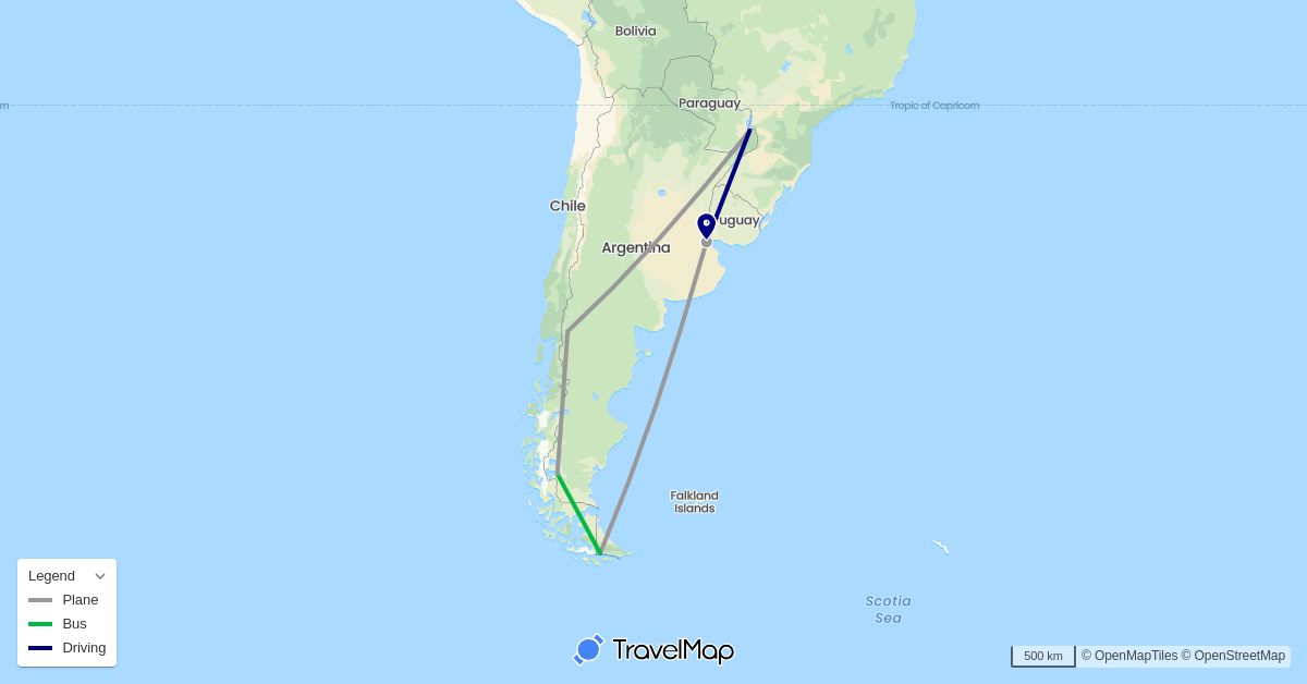 TravelMap itinerary: driving, bus, plane in Argentina, Brazil (South America)